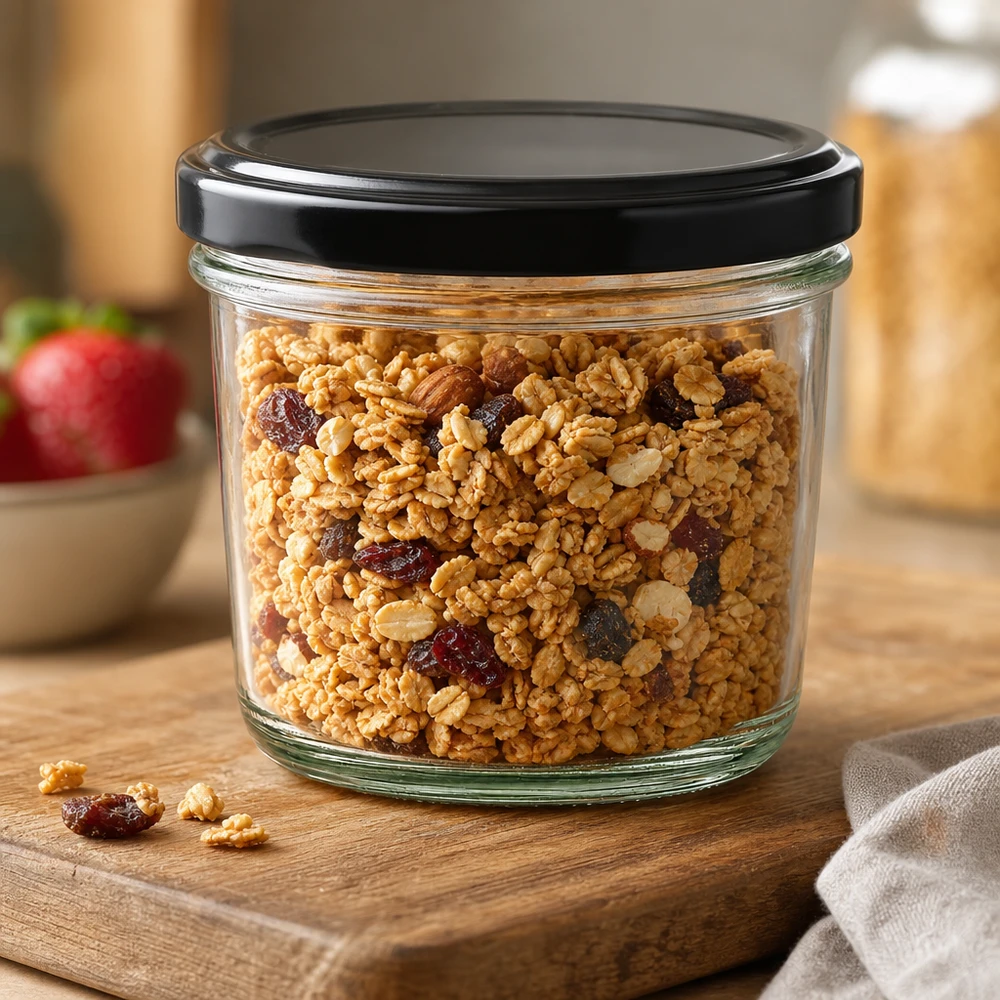 230ml bekers met BasicSeal deksel zwart UNiTWIST Metselpot van 230 ml gevuld met muesli en gedroogd fruit toont veelzijdig gebruik voor voedselopslag
