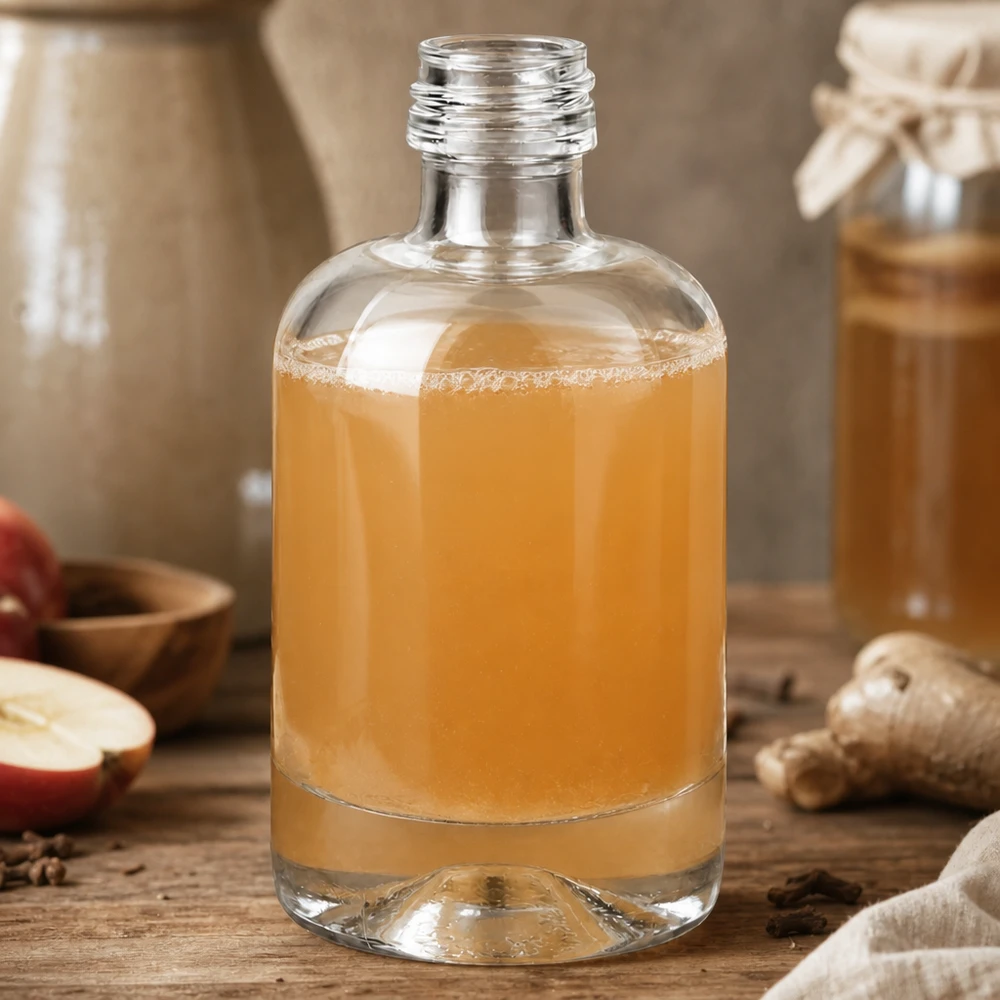 40 ml glazen fles Sara zonder schroefdop UNiTWIST® 40ml glazen fles Sara met amberkleurige inhoud in een rustieke sfeer met kruiden en fruit zonder dop