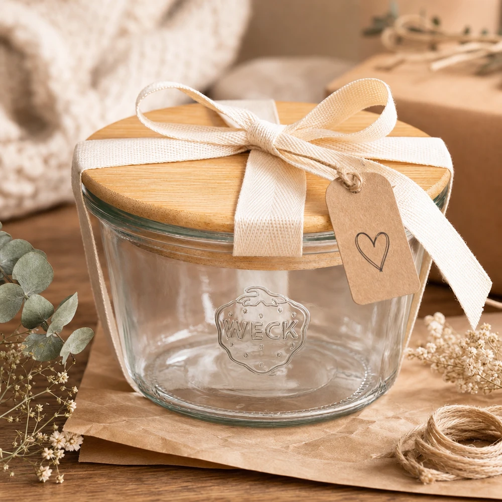 WECK RR100 bekers met houten deksel, geschenkverpakking met crèmekleurige strik en hartenhanger