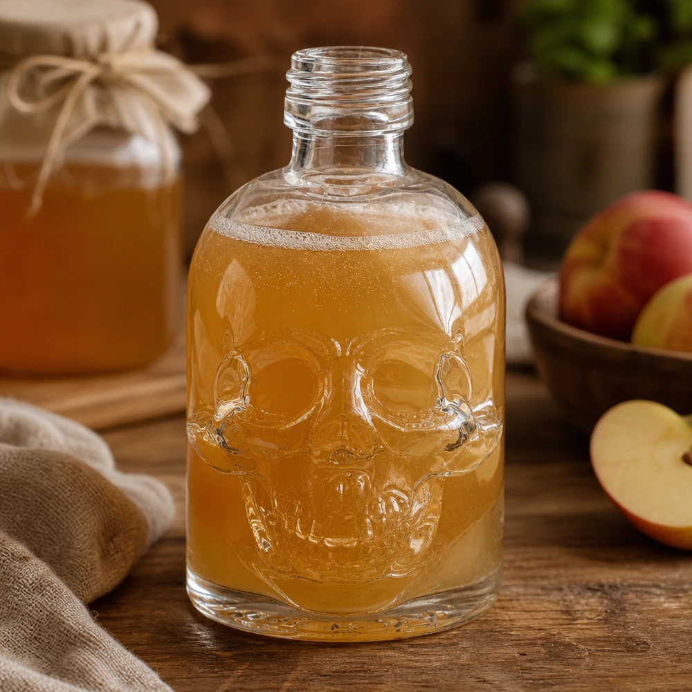 50 ml glazen fles Hector zonder schroefsluiting UNiTWIST® Schedel glazen fles 50ml Hector gevuld met amberkleurige vloeistof op een rustieke houten tafel met appels