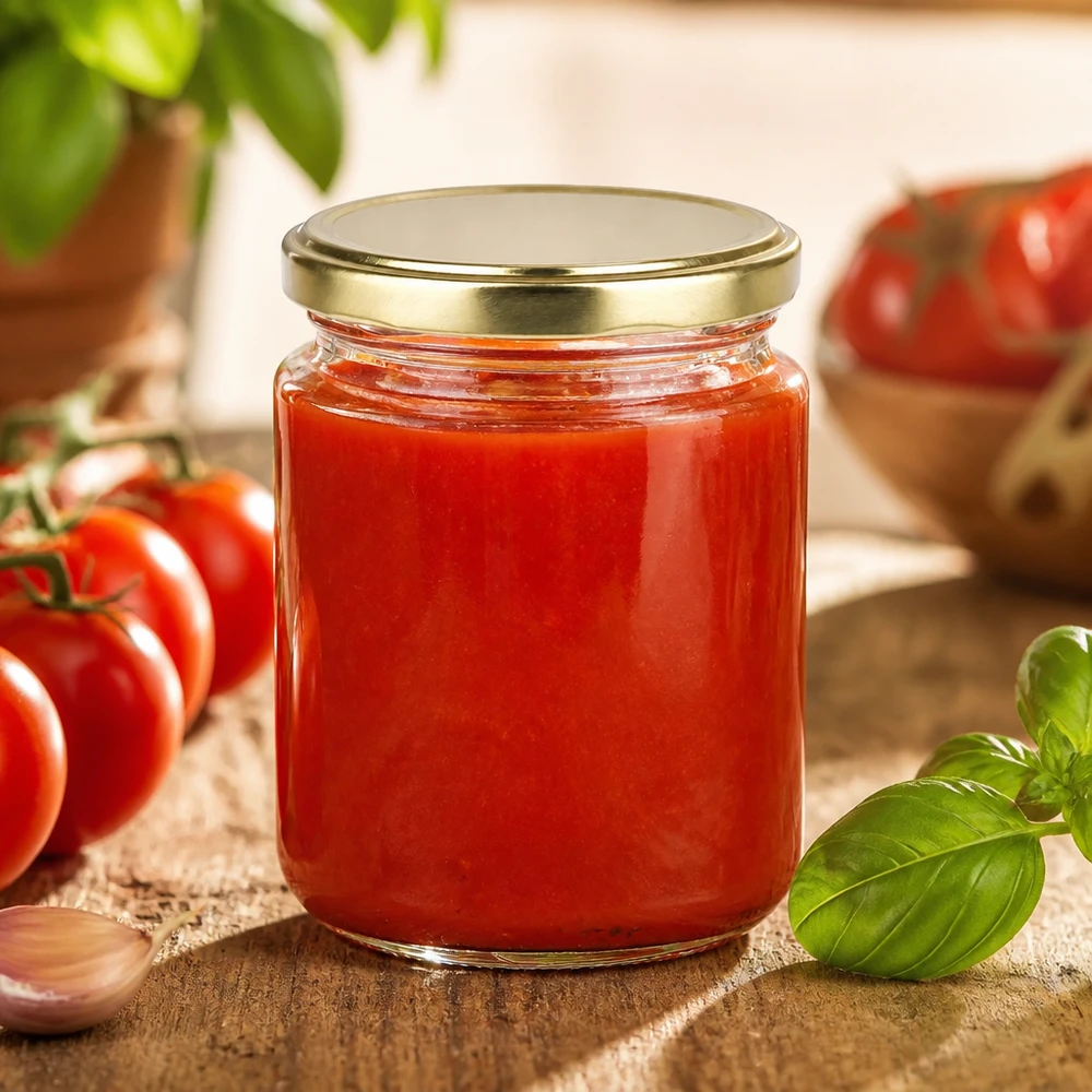 Doorzichtig rond glas van 275 ml met een gouden BasicSeal-deksel, luchtdicht afgesloten met zelfgemaakte tomatensaus