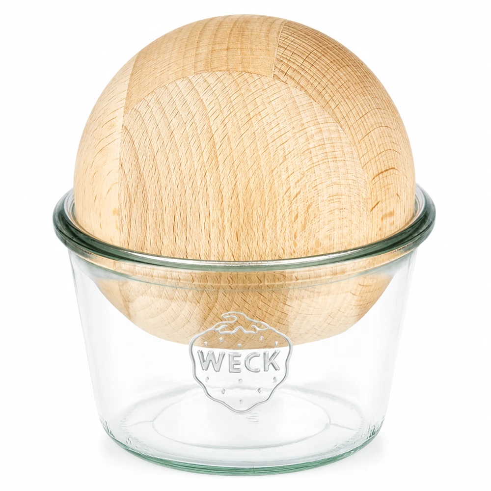 370ml stortglas WECK RR100 met houten bal WECK tuimelpot 370ml RR100 met beukenhouten boldeksel transparant glazen inmaakpot