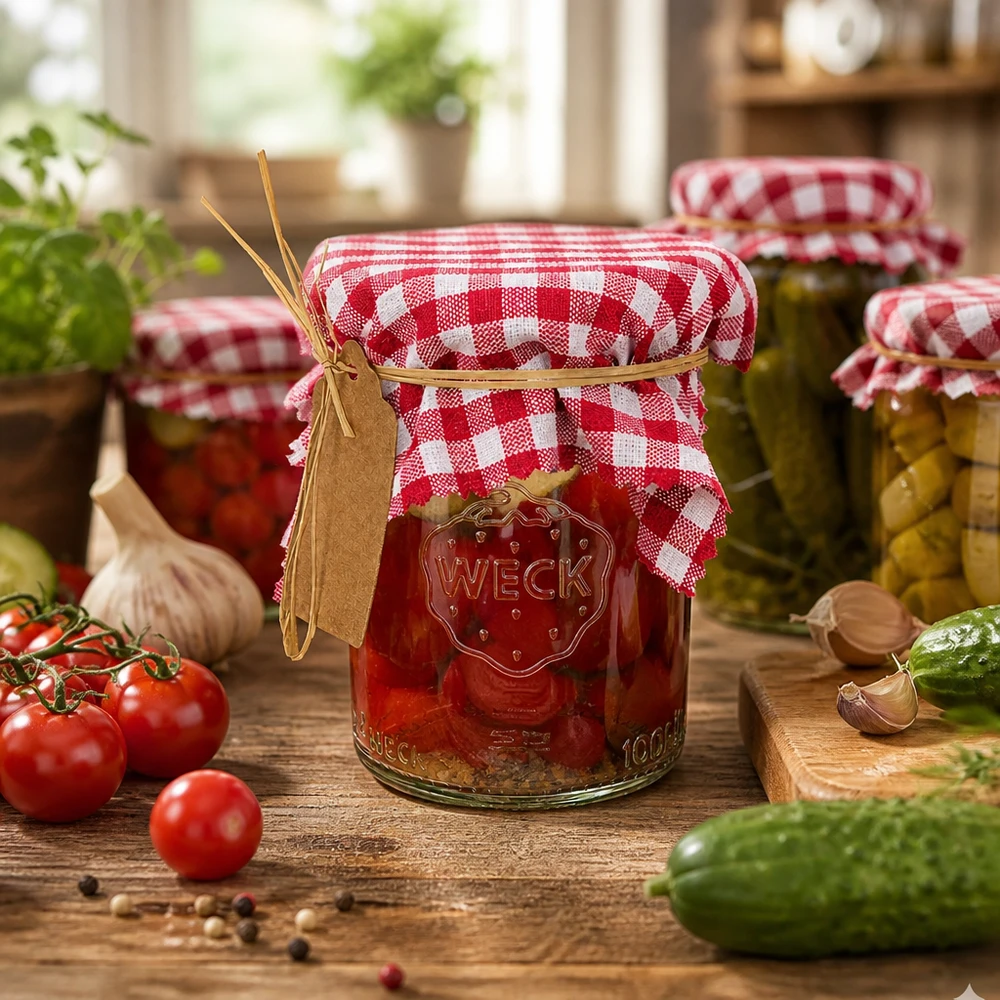 Inmaakpot met bordeaux-gelakt decoratief deksel 12cm tussen verse tomaten en komkommers in een rustieke keuken