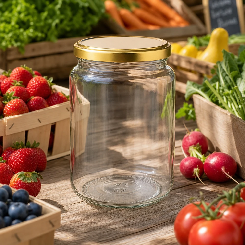 795ml rond glas met BasicSeal deksel goud UNiTWIST 795ml inmaakpot met gouden deksel tussen vers fruit en groenten op houten tafel in keuken