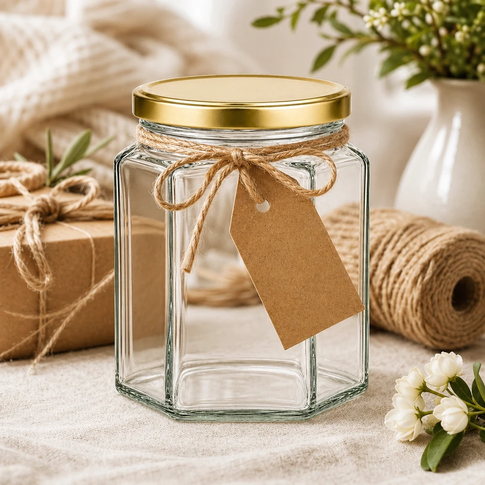 288ml hexaglas met BasicSeal deksel goud UNiTWIST 288 ml hexaglas met BasicSeal deksel goud en kraftpapier tag als geschenkverpakking met jute koord