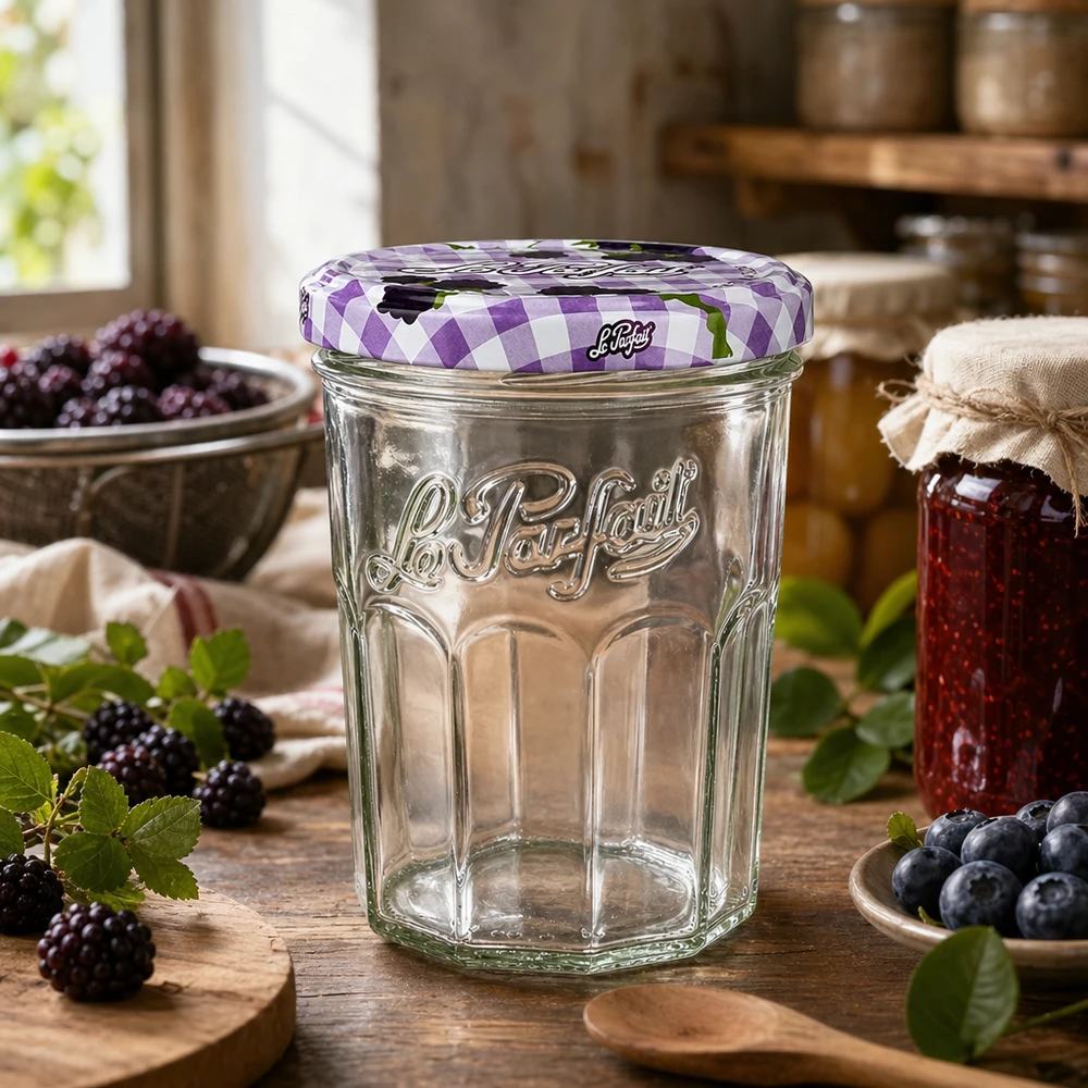 Le Parfait® Jam 385 ml Ø82 mm confituurpot Le Parfait bekers 385 ml in een rustieke keuken versierd met verse bessen en zelfgemaakte jam