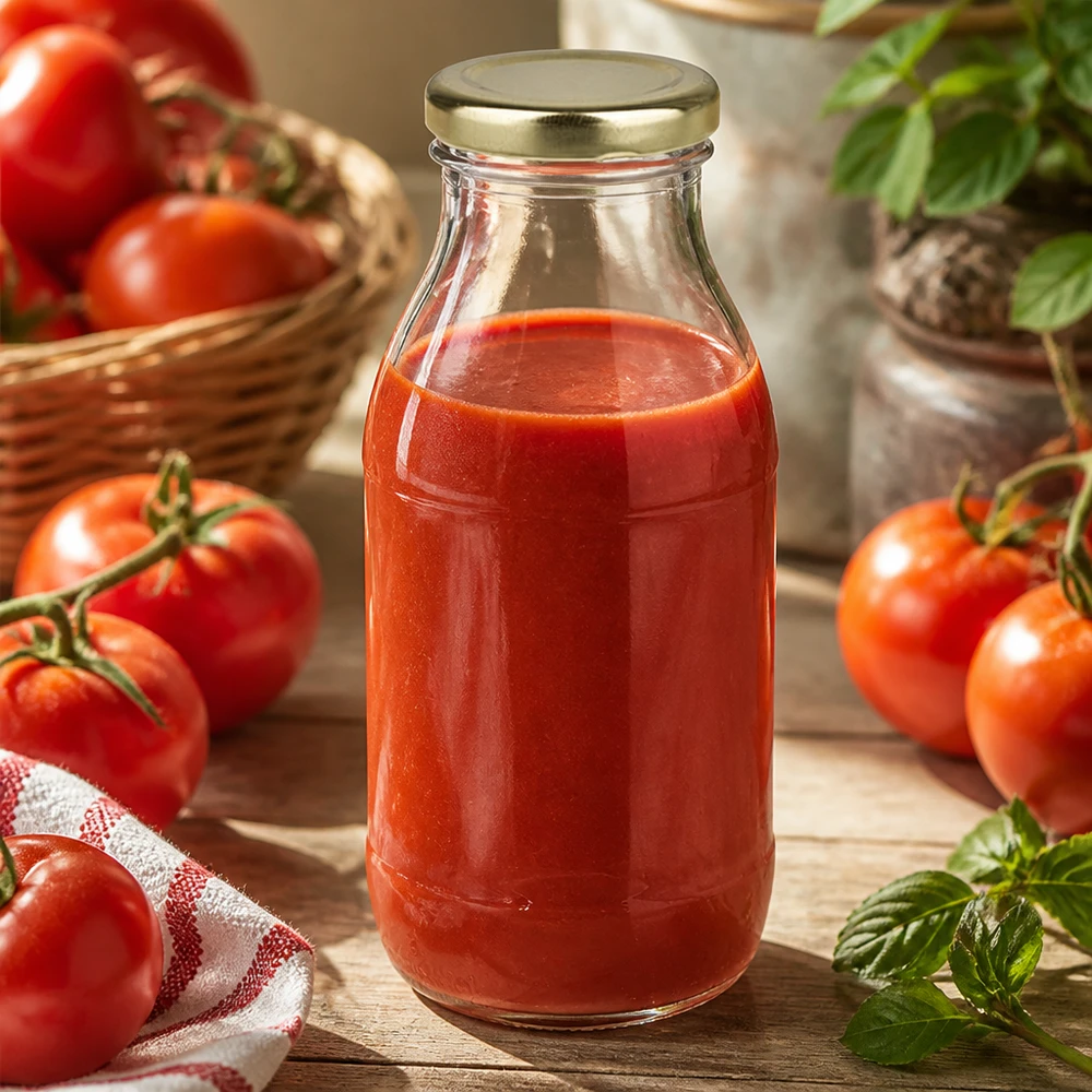Ronde glazen fles van 250 ml met goudgele BasicSeal-dop UNiTWIST voor tomatenproducten