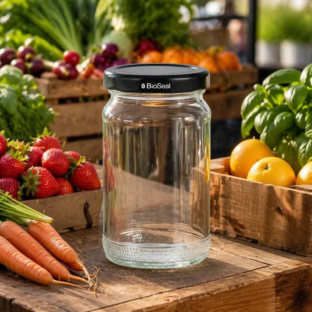 UNiTWIST Runda110 lege inmaakpot met zwart TO48 BioSeal deksel omringd door vers fruit en groenten