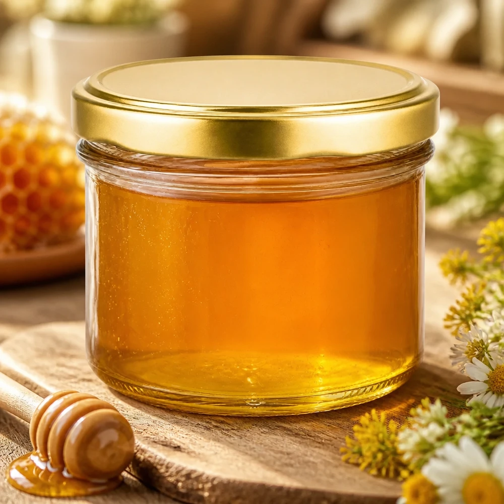225ml bekers met BasicSeal deksel goud UNiTWIST 225ml UNiTWIST bekers met gouden BasicSeal deksel gevuld met honing naast een honinglepel en bloemen op een houten tafel