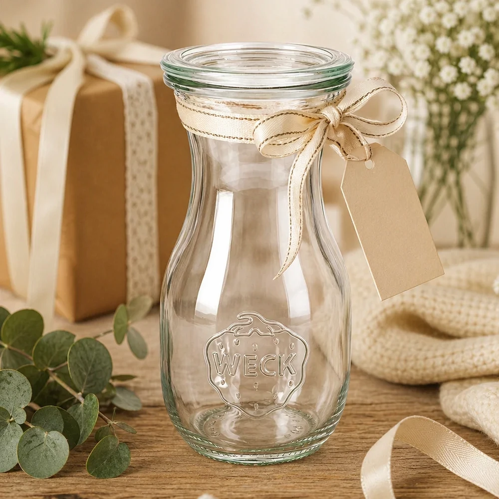 Sapfles van 290 ml met glazen deksel WECK RR60 WECK sapfles 290ml RR60 als cadeau-idee versierd met strik en label naast geschenkdoos en bloemen