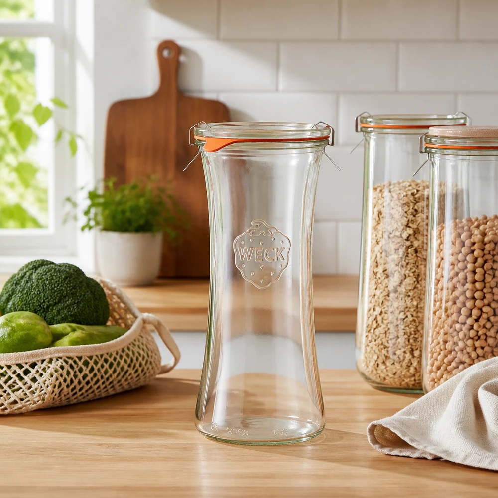 WECK RR80 delicatessenpot 700ml leeg op houten aanrecht in lichte keuken met avocado, limoenen en voorraadpotten