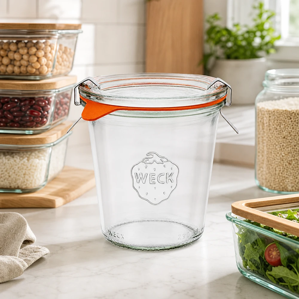 290ml stortglas hoge compleet WECK RR80 WECK inmaakpot 290ml RR80 met oranje rubberen ring en swing top in moderne keuken met voorraadpotten