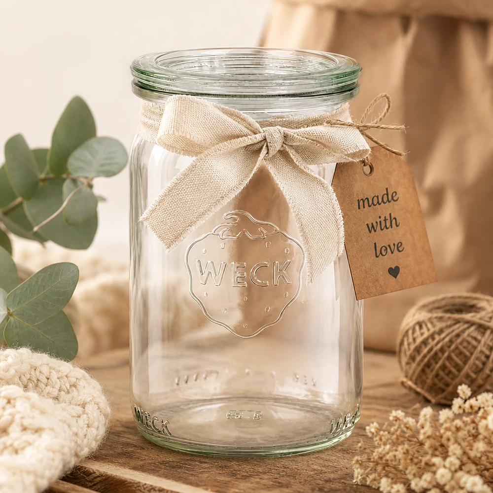 WECK 145 ml cilindervormige pot RR40 decoratief gerangschikt met jute lint en Made with Love hanger in een gezellige sfeer