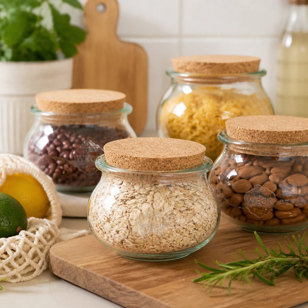 WECK decoratieve pot 560ml RR80 met kurkdeksel Bewaarset voor havermout noten peulvruchten Keukenorganisatie