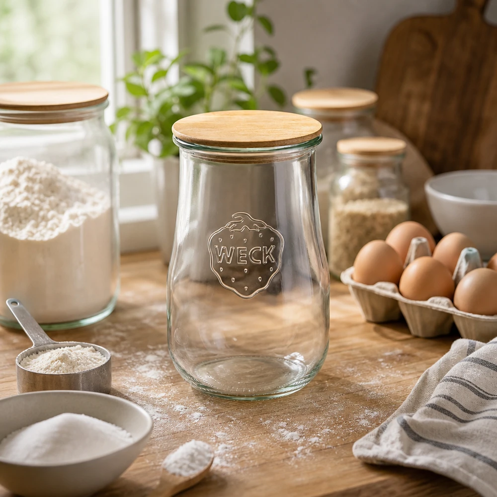 WECK Tulpenglas 1750ml mit Holzdeckel in Backszene mit Mehl und Eiern, stylisches Vorratsglas für Küchenzutaten