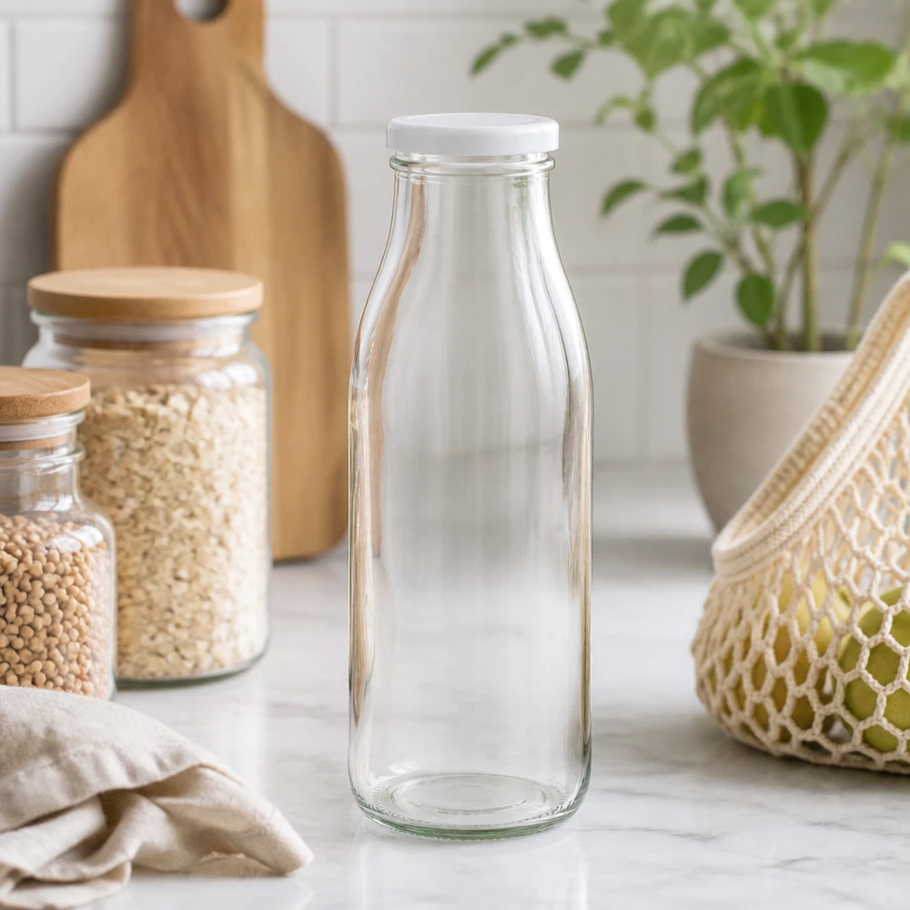 500ml fles met BasicSeal deksel wit UNiTWIST 500ml glazen fles leeg in een natuurlijke keukenomgeving met voorraadpotten en planten Lifestyle foto