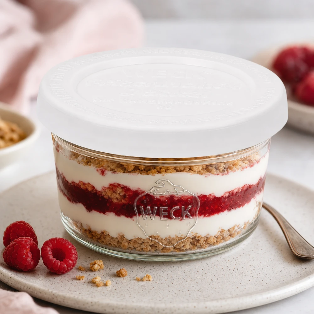 50ml stortglas met vershouddeksel WECK RR60 WECK 50ml bekers RR60 met gelaagd dessert en frambozen als dessertvariant op een witte serveerschaal