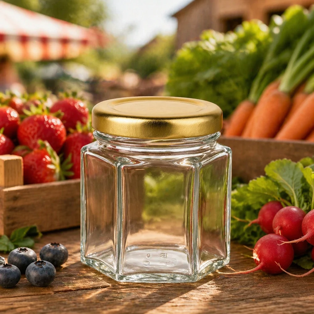Honingpot 60 g met gouden deksel BasicSeal UNiTWIST 60g honingpotje zeshoekig leeg op houten tafel tussen verse marktgroenten aardbeien wortelen en radijzen