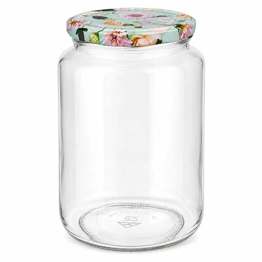 Ronde pot van 795 ml + BasicSeal-deksel met muntbloem UNiTWIST Ronde pot 795ml met bloemendeksel mint voor conserveren en bewaren, lege glazen pot met decoratief deksel