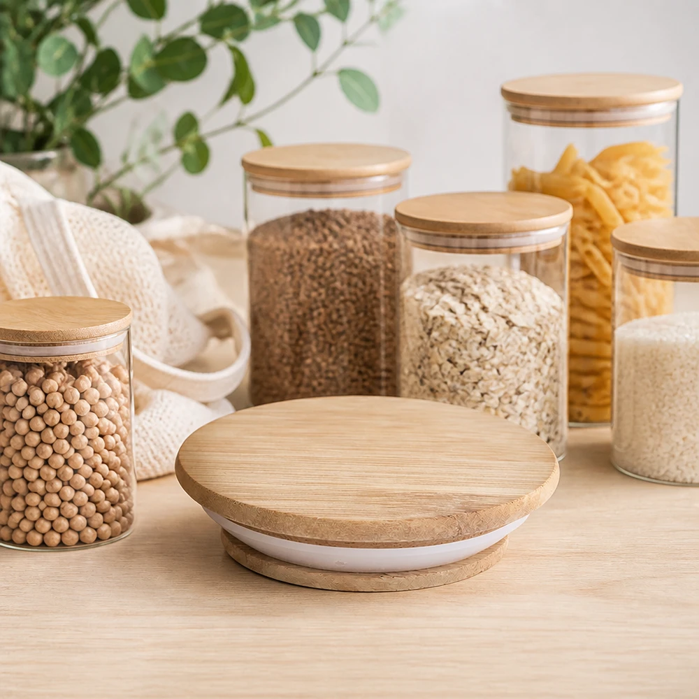 Houten deksel WECK RR100 Moderne keuken voorraadpotten met WECK RR100 houten deksel versie A opslag granen pasta peulvruchten Scandinavisch
