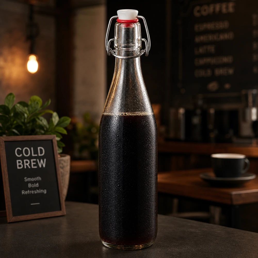 Glazen fles van 500 ml + porseleinen slingerdop UN... 500ml glazen fles met draaidop gevuld met cold brew koffie in café sfeer naast reclamebord