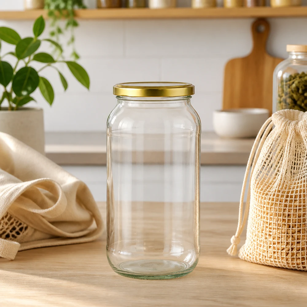1062ml rond glas met BasicSeal deksel goud UNiTWIST 1062ml ronde pot met gouden BasicSeal deksel op houten tafel tussen duurzame gaaszakken en keukenaccessoires