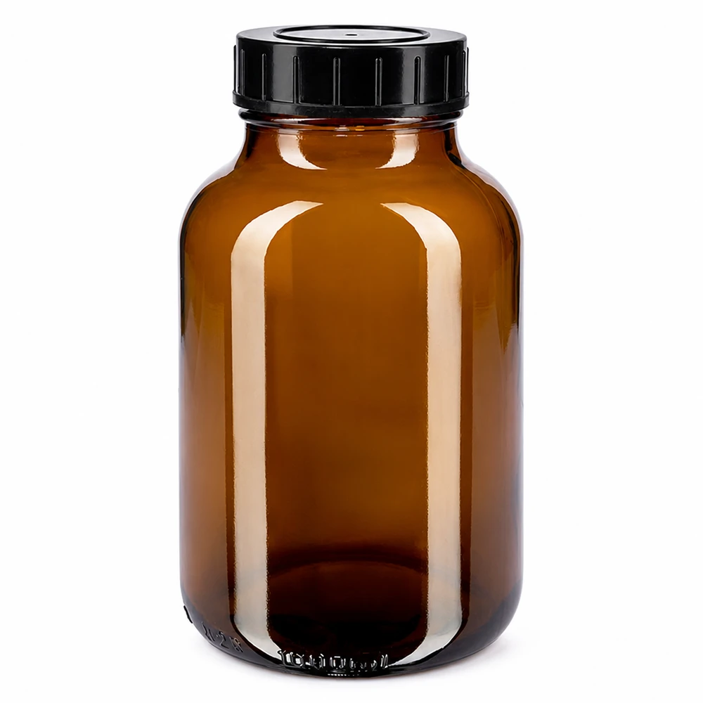 1000 ml fles met wijde hals van amberkleurig glas met zwarte schroefdop om te bewaren