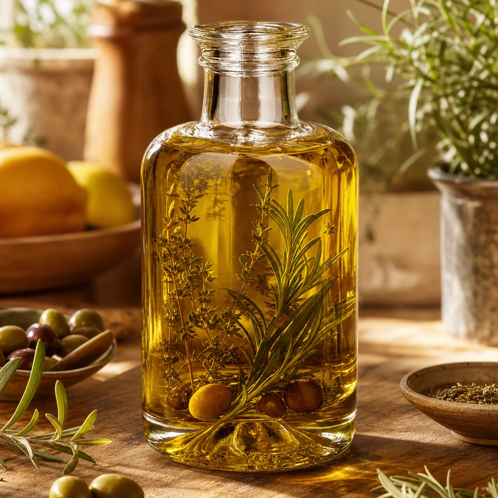 100 ml apothekersfles Sofia zonder sluiting UNiTWIST® 100 ml glazen fles Sofia gevuld met kruidenolie decoratief gerangschikt met olijven en verse kruiden op een houten tafel