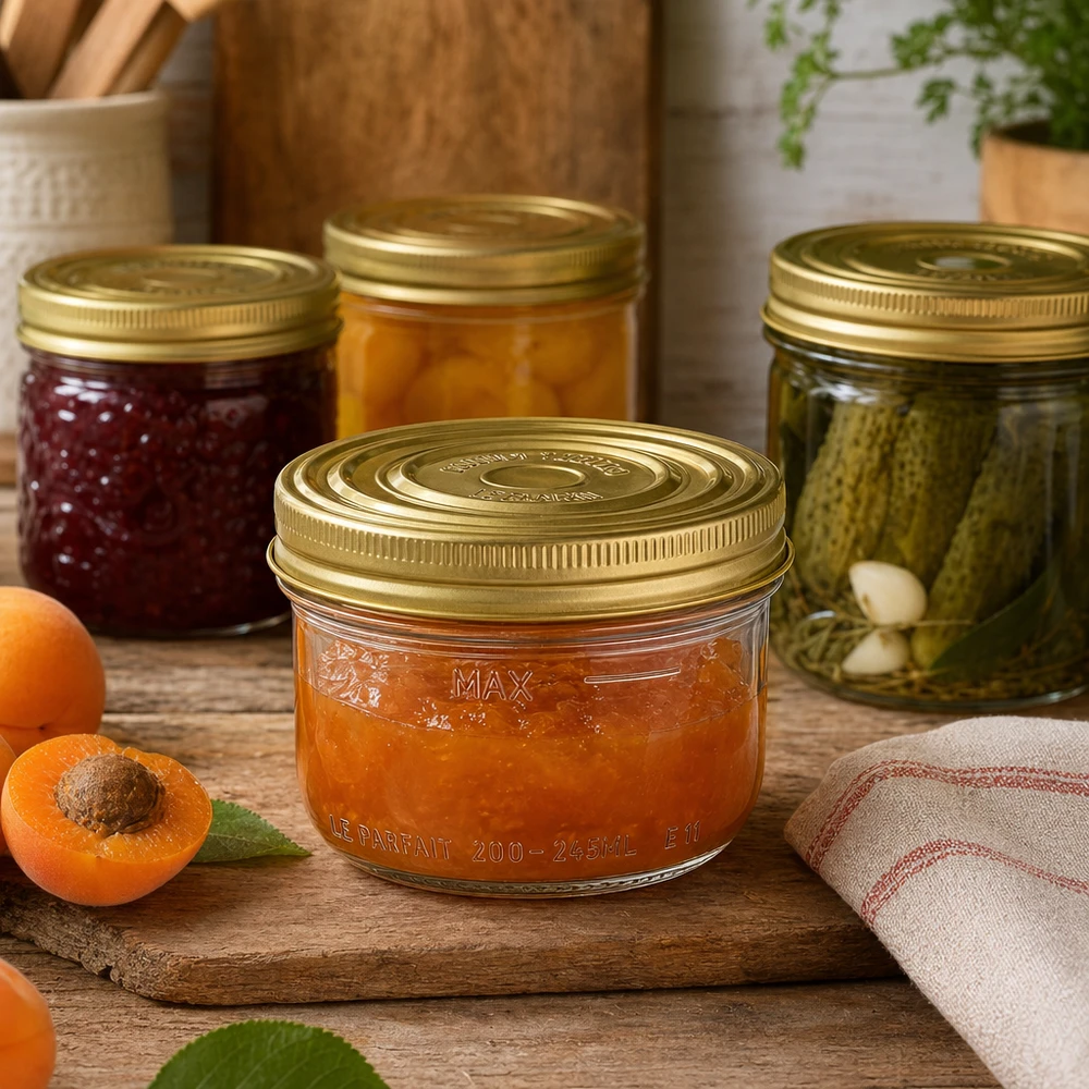 Le Parfait® Familia Wiss 200 g Ø82 mm pot 245 ml Familia Wiss pot met gouden deksel gevuld met abrikozenjam op een houten plank naast verse abrikozen