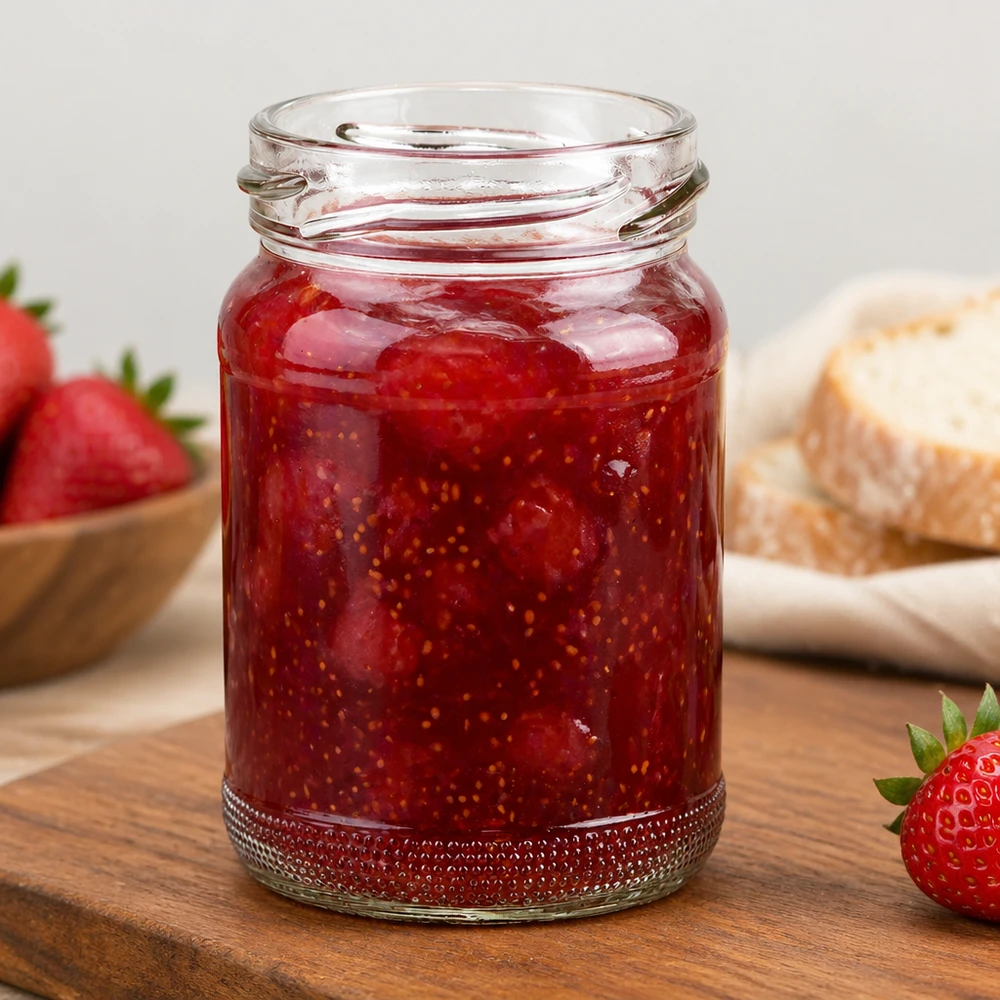 110ml rond glas zonder deksel (TO48) UNiTWIST UNiTWIST Runda110 ronde pot 110ml TO48 gevuld met rode aardbeienjam op een houten plank naast verse aardbeien