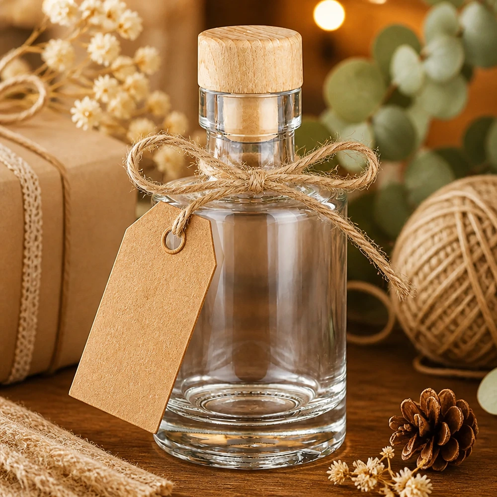 100 ml glazen fles Marie met houten kurk UNiTWIST® 100 ml Marie glazen fles met houten kurk, verpakt met jute lint en cadeaulabel in rustiek decor.