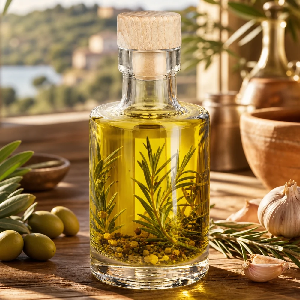 100 ml glazen fles Marie met houten kurk UNiTWIST® 100ml glazen fles Marie met houten kurk gevuld met kruidenolie rozemarijn peperkorrels naast olijven en knoflook mediterra