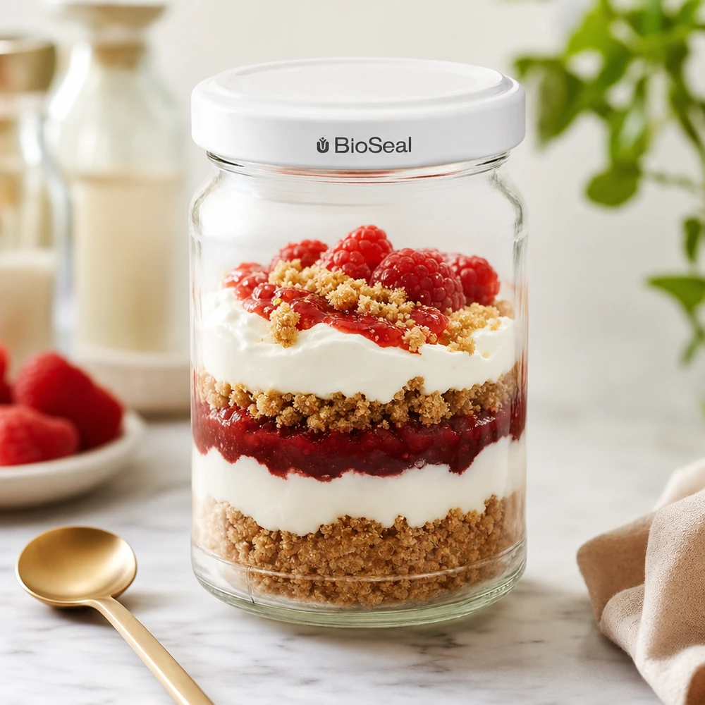 UNiTWIST Runda205 met TO58 BioSeal deksel als dessertglas voor gelaagde desserts met bessen en room