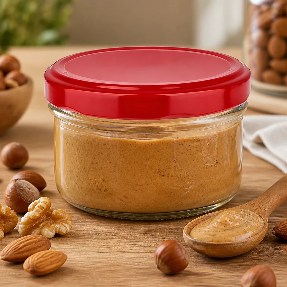 186 ml rond glazen pot BasicSeal rood voor het bewaren van notenpasta op een rustieke houten ondergrond