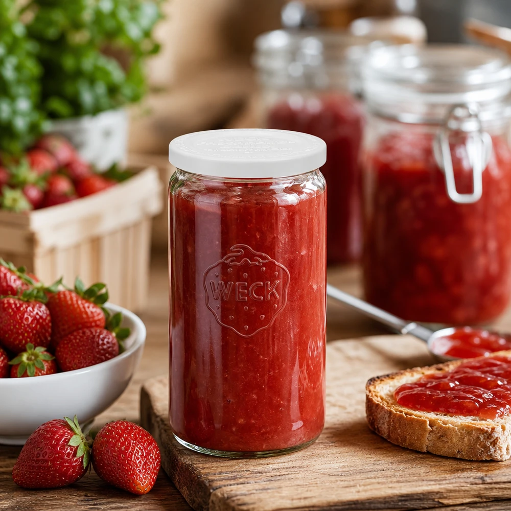 340ml cilinderglas met vershouddeksel WECK RR60 WECK cilinderpot 340ml gevuld met aardbeienjam in een rustieke keuken met verse aardbeien en brood