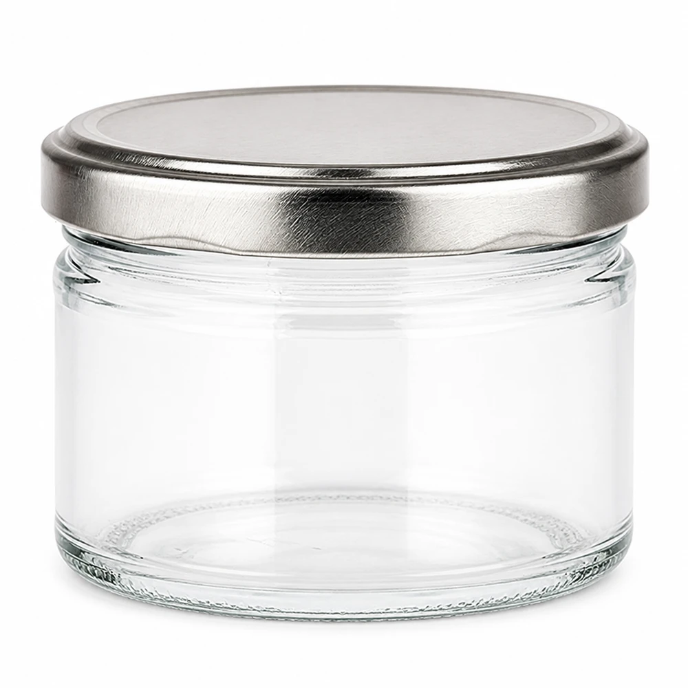 540ml rond glas met BasicSeal deksel zilver UNiTWIST 540 ml ronde pot met zilvermat BasicSeal deksel, lege inmaakpot van helder glas voor inmaken en bewaren