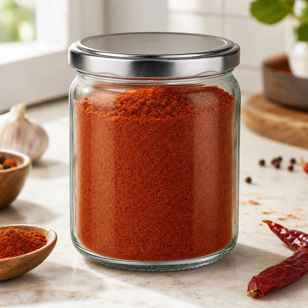 408ml rond potje met BasicSeal deksel zilver gevuld met rood kruidenpoeder paprika in modern keukenkruidenpotje