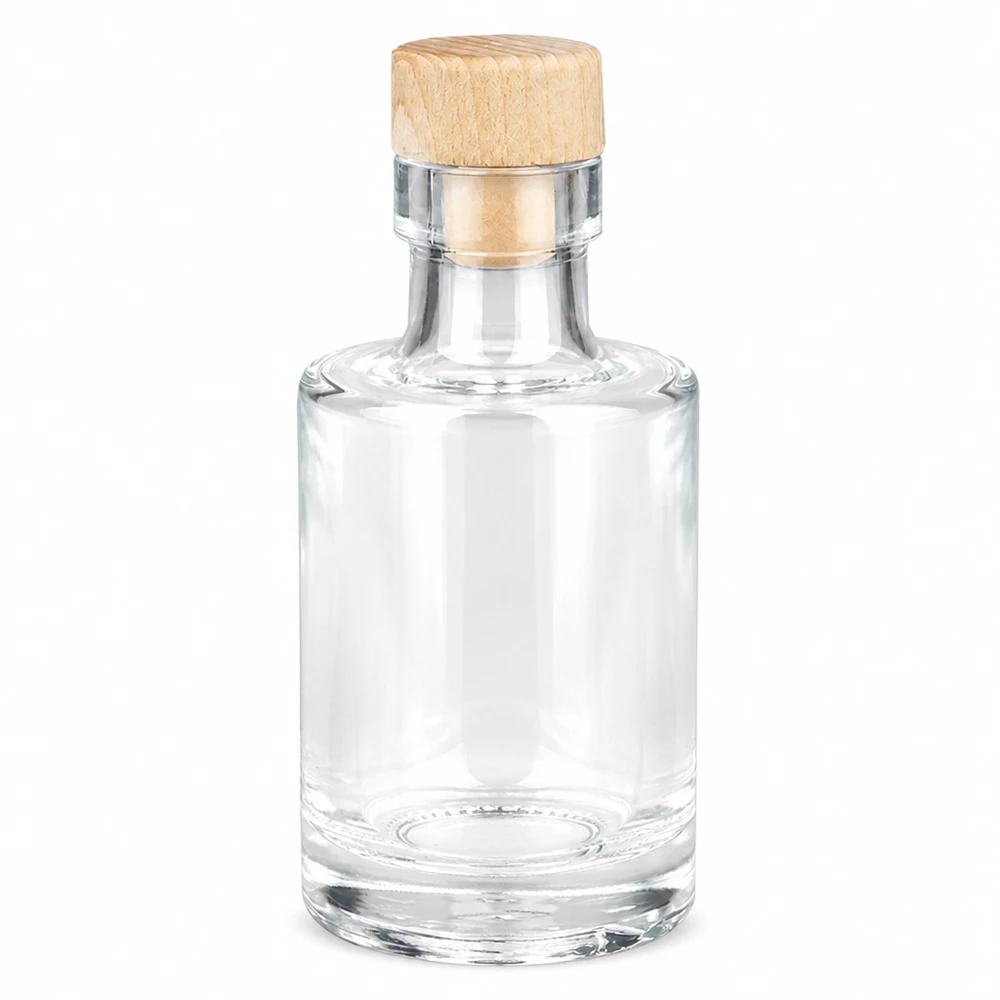 100 ml glazen fles Marie met houten kurk UNiTWIST® 100ml glazen fles Marie met houten handvat kurk UNiTWIST leeg transparant ronde vorm Productfoto op witte achtergrond