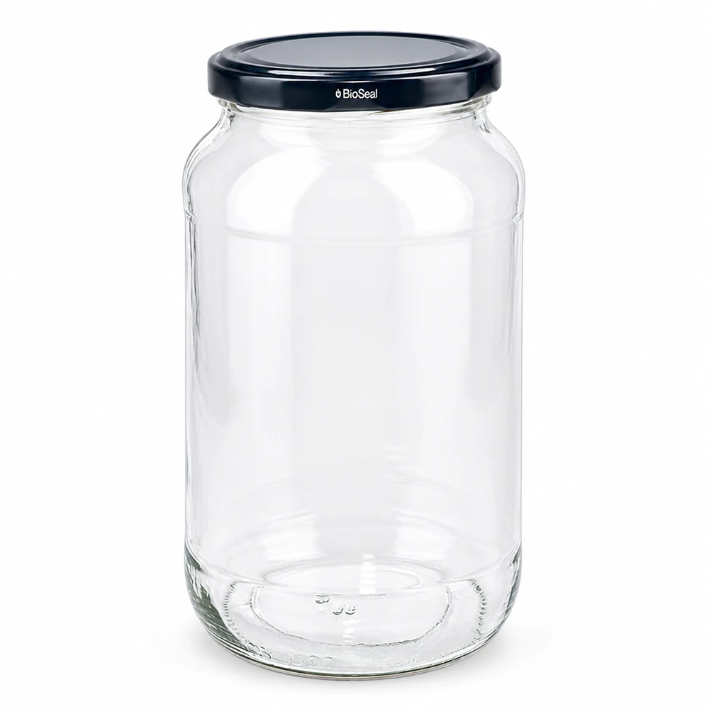 1062ml rond glas met BioSeal deksel zwart UNiTWIST Leeg rond potje UNiTWIST 1062 met zwart TO82 BioSeal deksel voor voedselconservenpot Voorraadpotje