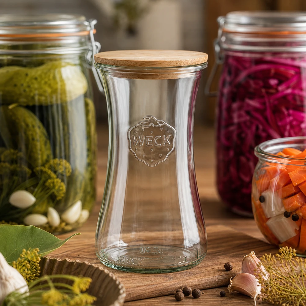 WECK pot 100ml RR40 met bamboe deksel omringd door kleurrijke inmaakpotten met gefermenteerde groenten en kruiden