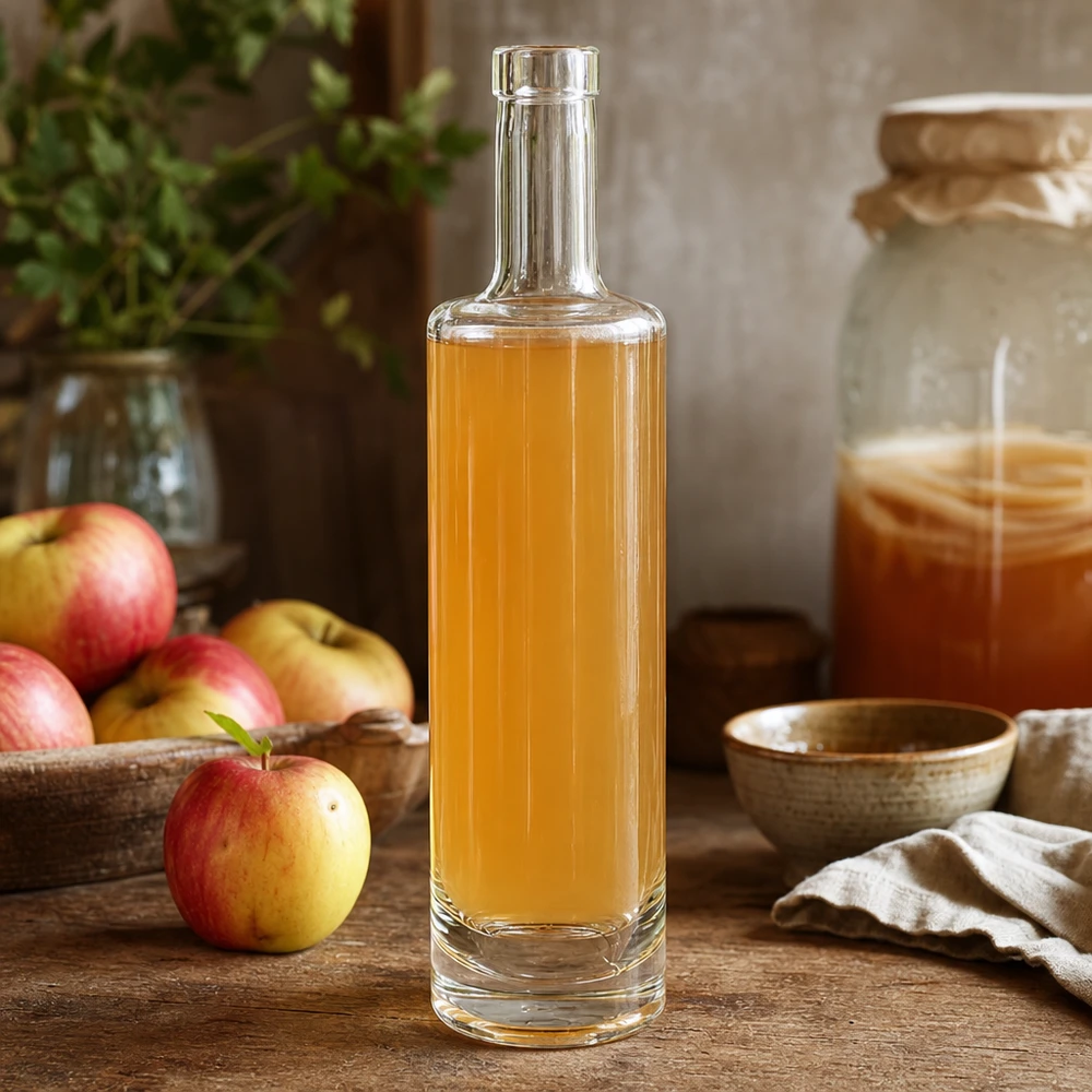 500 ml glazen fles Lina zonder sluiting UNiTWIST® 500ml glazen fles van Lina gevuld met gouden appelsap in een rustieke keukenscène met verse appels en honing
