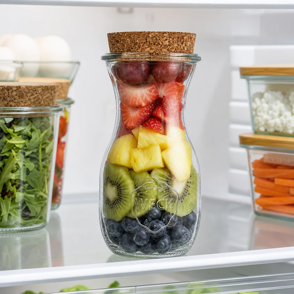 290ml sapflessen WECK RR60 met kurk WECK sapfles 290ml RR60 met fruitmix bosbessen kiwi ananas aardbeien in de koelkast Maaltijdvoorbereiding