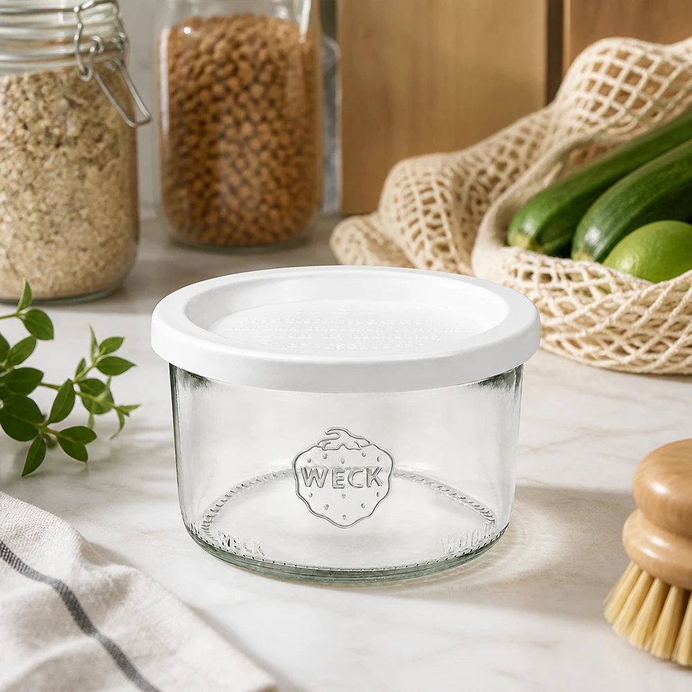 WECK 200ml RR80 mason jar met wit vershouddeksel in duurzame keuken met biologische groenten en bewaargerei