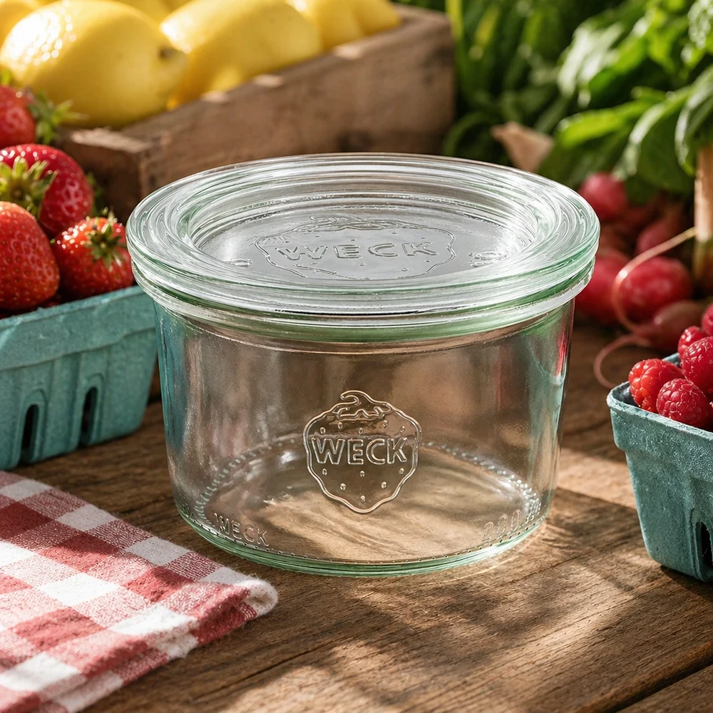200ml stortglas met glazen deksel WECK RR80 WECK inmaakpot 200ml RR80 in een natuurlijke keukensetting gedecoreerd met vers fruit en groenten