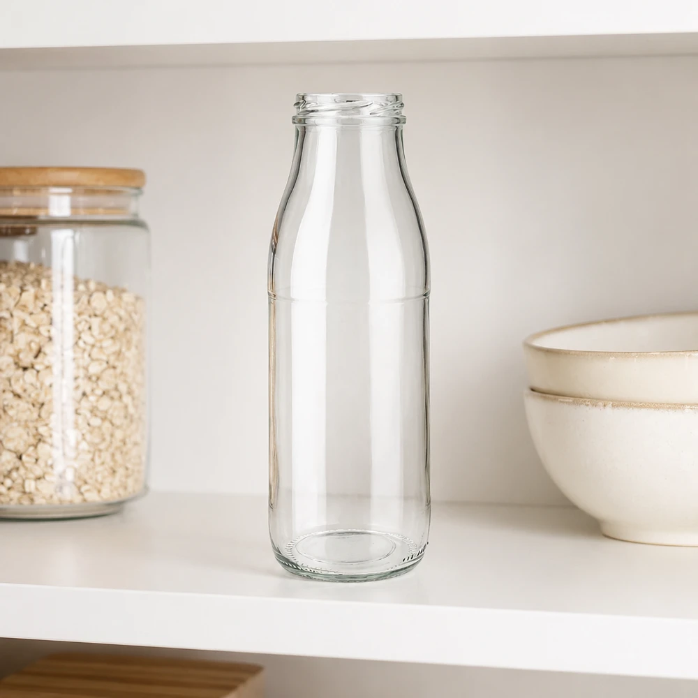 500ml fles zonder deksel (TO48) UNiTWIST 500ml glazen fles TO48 UNiTWIST zonder deksel op witte keukenplank naast graankom en voorraadpot