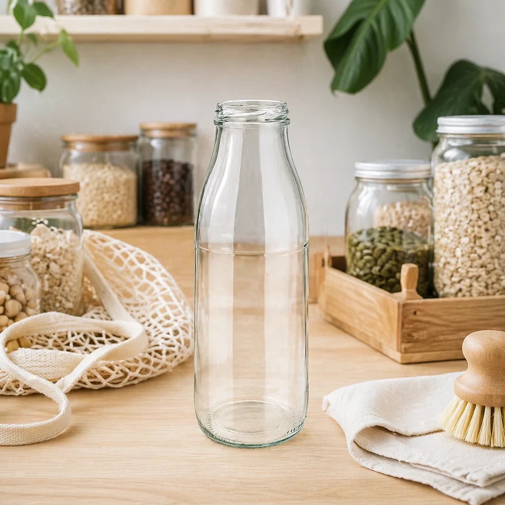 500ml fles zonder deksel (TO48) UNiTWIST 500 ml glazen fles TO48 UNiTWIST leeg in duurzame zero-waste keuken met voorraadpotten en natuurlijke vezels