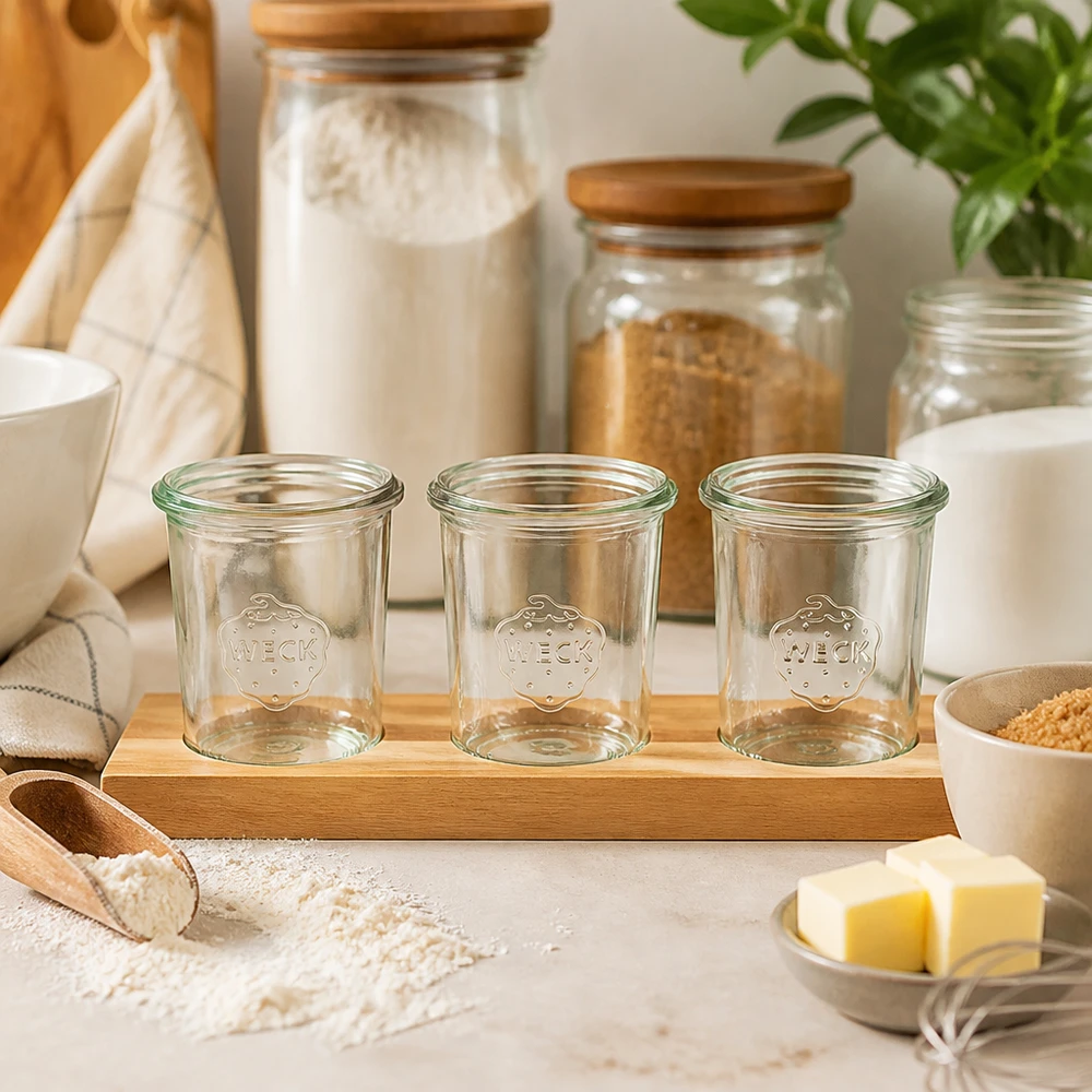 Weck bekers 160ml leeg op bamboe serveerplank Plano3 in keuken met bakingrediënten bloem en boter