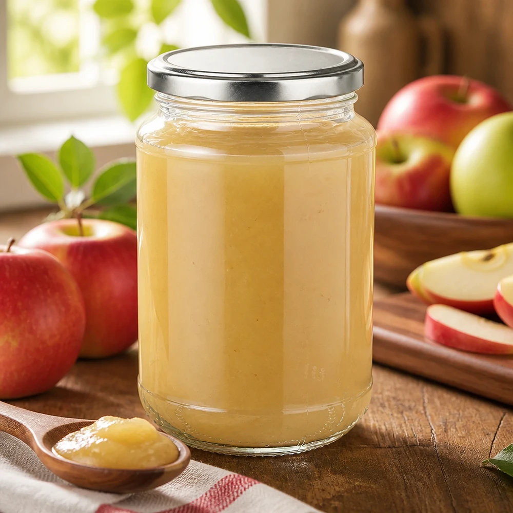 Rond glas van 320 ml + BasicSeal zilver UNiTWIST Zelfgemaakte appelmoes in een UniTwist-glas van 320 ml met een zilveren BasicSeal-draaidop