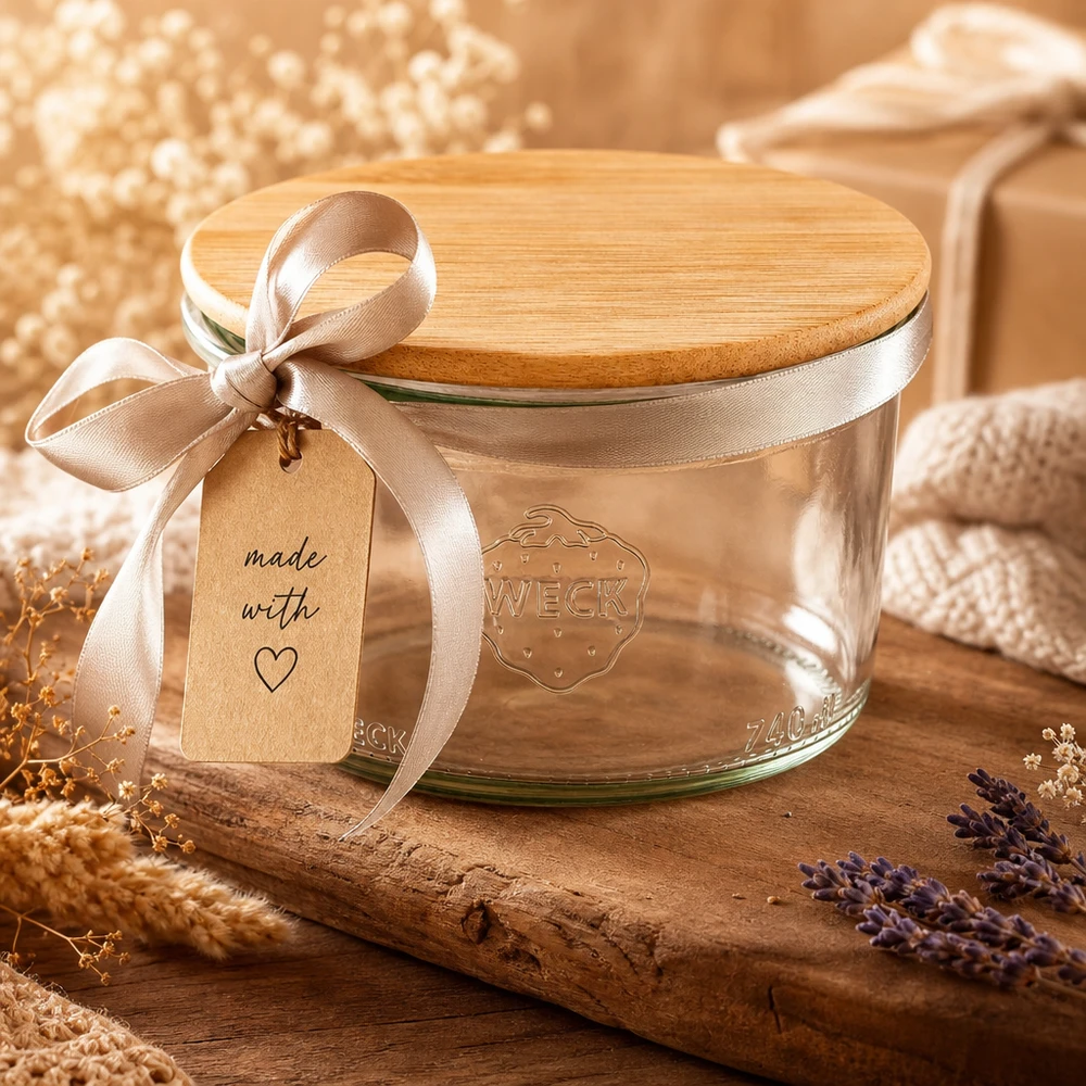 200ml stortglas WECK RR80 met hout deksel WECK Sturzglas 200ml RR80 mit Bambus-Holzdeckel als Geschenkidee mit Schleife und Anhänger in warmer Dekoszene