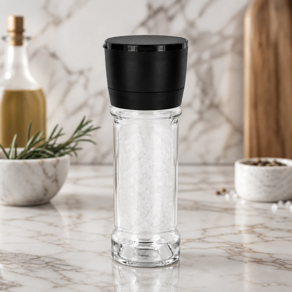 Zoutglas van 100 ml met een zwarte Vario-molen op een wit marmeren oppervlak, gevuld met grof zeezout